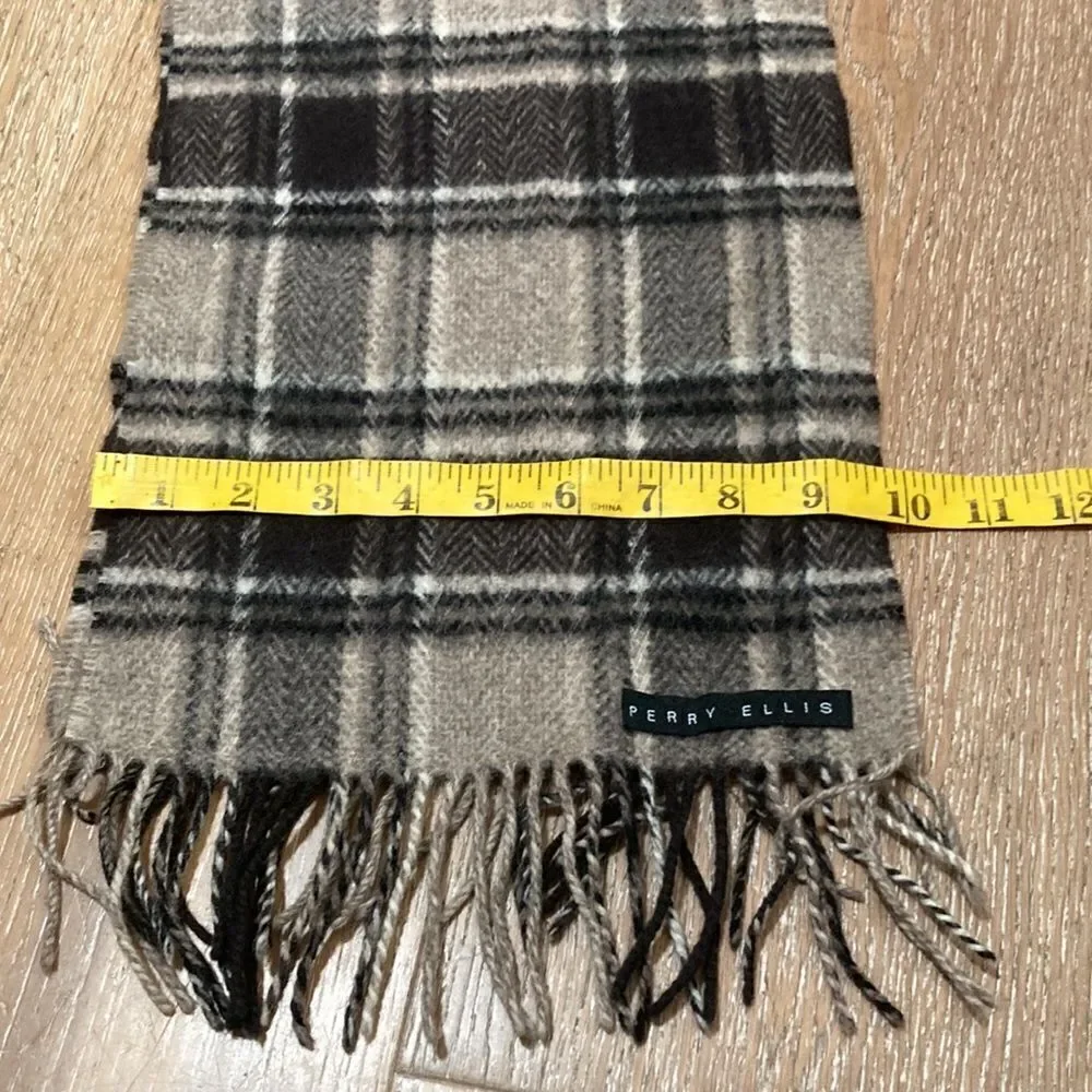 Perry Ellis dark brown and tan plaid wool scarf.